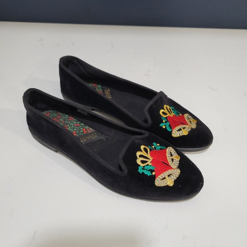 Christmas Flats Black Velvet with Red bells Gold and Green accent colors.